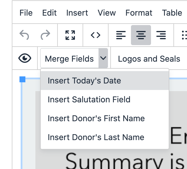 image of merge fields in the text editor