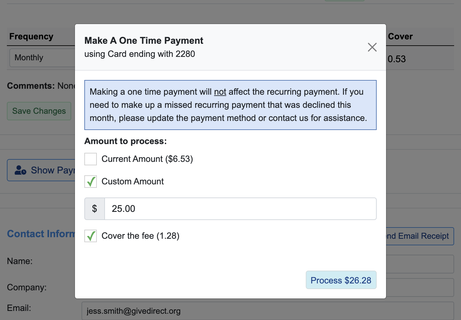 pop-up window for one time payment