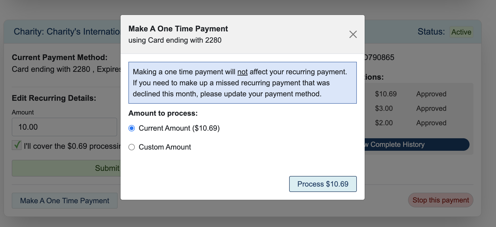 pop-up window as seen in Donor Portal