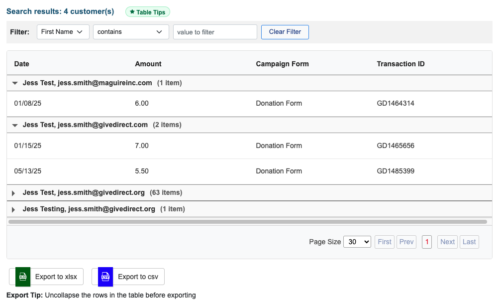 Customer History Report results table
